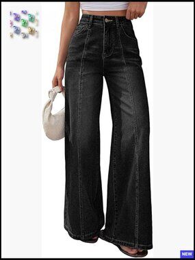 Wide Leg Baggy Jeans High Waisted Relaxed Fit Stretch Denim Front Seam Y2K